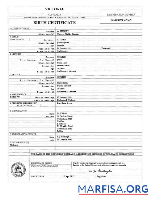 Blank Australia Victoria birth certificate template in Word format, version 2